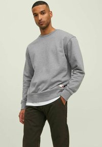 Sweatshirt gri cu guler rotund, cu mâneci lungi, cu manșete și tiv ribbate, având o mică etichetă decorativă în colțul stâng de jos. Pur și simplu peste o cămașă albă.
