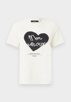 Bijela pamučna majica s crnim grafičkim srcem na kojem piše "Mon amour" bijelim kurzivnim tekstom, a ispod je natpis "WEEKEND MaxMara".