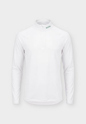 Biały sportowy top z długim rękawem, ćwierć zamkiem i wysokim kołnierzem, z małym zielonym napisem "BORG" po prawej stronie kołnierza.