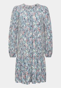 Blommig klänning med långa ärmar, rund halsringning och draperade detaljer. Tillverkad av lätt tyg i pastellfärger som blå, rosa och grön.