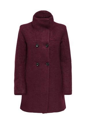 Burgundi villane mantel kõrge krae, kahekordne nööbikinnitus ja tekstureeritud kangas. Ees on kaks suurt musta nööpi.