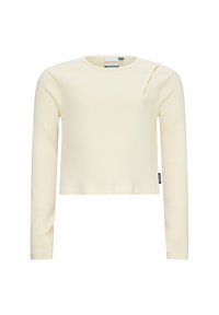 Top a maniche lunghe rigato color crema con scollatura rotonda e uno spacco laterale decorato con un bottone. Etichetta visibile all'orlo laterale.