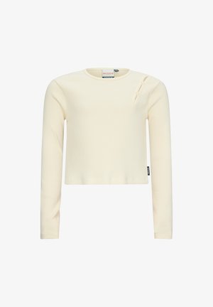 Cremfarbener, gerippter Longsleeve-Oberteil mit Rundhalsausschnitt und seitlichem Schlitz, der mit einem Knopf verziert ist. Etikett an der Seitennaht sichtbar.