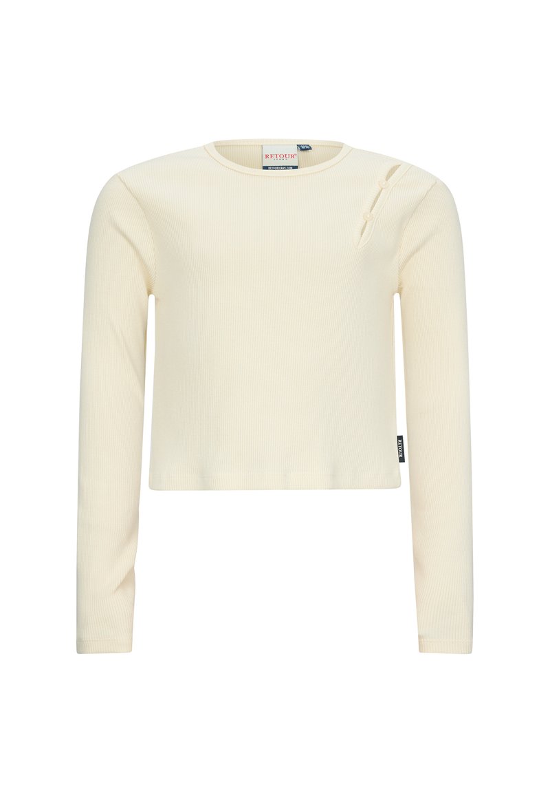 Top a maniche lunghe rigato color crema con scollatura rotonda e uno spacco laterale decorato con un bottone. Etichetta visibile all'orlo laterale.