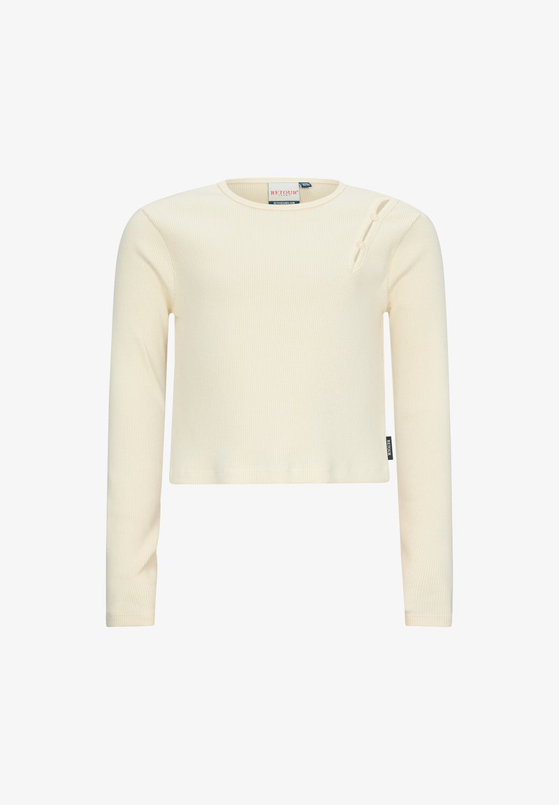 Cremfarbener, gerippter Longsleeve-Oberteil mit Rundhalsausschnitt und seitlichem Schlitz, der mit einem Knopf verziert ist. Etikett an der Seitennaht sichtbar.