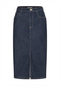 Jupe en denim bleu foncé à coupe droite, fendue à l'avant avec des coutures orange. Dispose d'une fermeture à boutons et de passants pour ceinture.