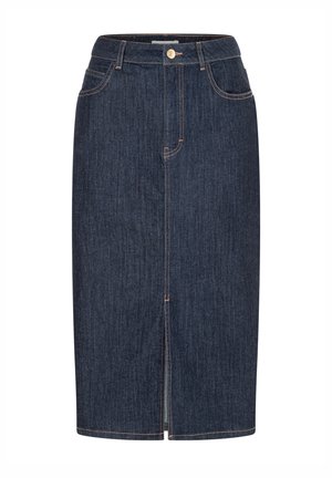 Donkere blauwe denimrok met een rechte pasvorm, een voorvork en oranje stiksels. Voorzien van knoopsluiting en riemlussen.