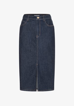 Dunkelblauer Jeansrock mit geradem Schnitt, Frontschlitz und orangefarbener Naht. Verfügt über einen Knopfverschluss und Gürtelschlaufen.