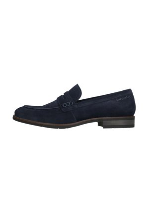 Navy blue suede men's loafer with low heel, decorative strap, and "bugatti" branding on the heel area.