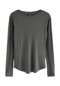 Grau langärmeliges T-Shirt mit Rundhalsausschnitt, das ein verstreutes Muster aus weißen Punkten auf dem Stoff sowie einen abgerundeten Saum aufweist.