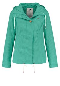 Tyrkysová lehká dámská bunda s bílými puntíky, kapucí se stahovacími šňůrkami, zapínáním na knoflíky a zipem vpředu.