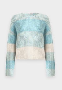 Lehký pletený svetr s dlouhými rukávy, zdobený horizontálními pruhy v různých odstínech modré a smetanové barvy. Ribbená struktura po celém svršku.
