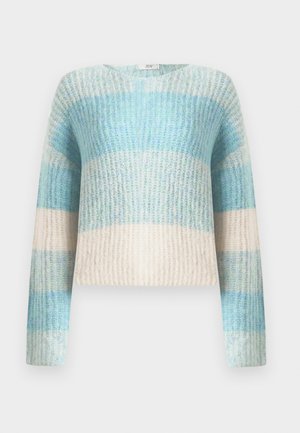 Lett strikket genser med lange ermer, med horisontale striper i varierende nyanser av blått og kremfarge. Ribbete tekstur gjennom hele.