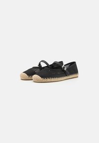 Black mesh espadrilles with a woven jute sole, featuring a rounded toe and adjustable strap across the instep for secure fit.
