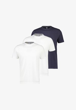 Drei schlichte Crew-Neck-T-Shirts in Weiß und Navyblau, übereinander gelegt ohne sichtbare Logos oder Designs.