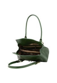 Groene leren handtas met twee handvatten, ruime binnenkant, twee ritszakken en een geruite voering. Elegante vormgeving met een gladde textuur.