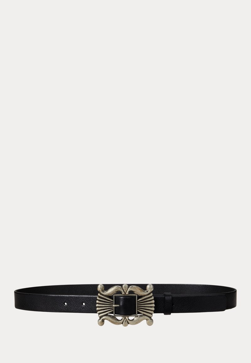 Black leather belt with an ornate silver-toned rectangular buckle featuring decorative curved and ridged details.