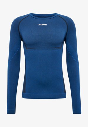 Langärmliges Sportshirt aus dehnbarem blauen Stoff. Mit schwarzen Seitenpaneelen und strukturierten Details. Logo auf der Brust aufgedruckt.