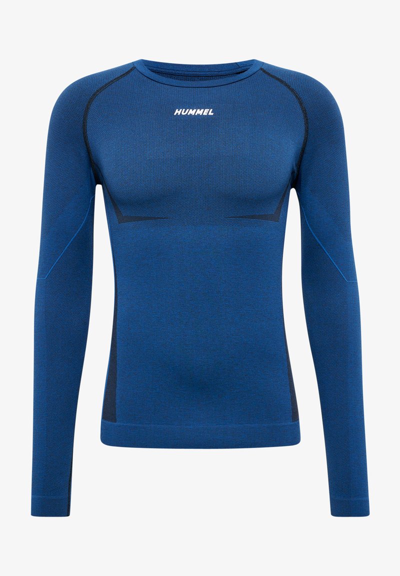 Långärmad träningsskjorta i blått stretchy tyg. Har svarta sidopaneler och texturerade detaljer. Logotyp tryckt på bröstet.