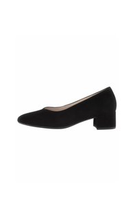 Décolleté in suede nero con tacco basso e punta arrotondata, dalla texture liscia. Design semplice con un tacco quadrato modesto.