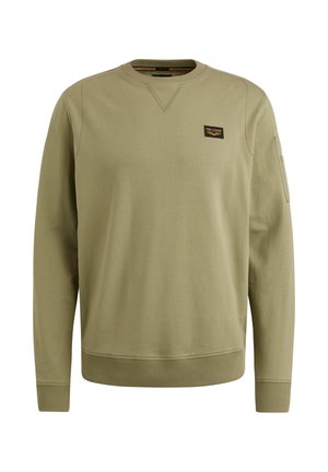 Sweatshirt vert olive en coton doux, avec un col rond, des poignets et un ourlet côtelés, et une petite étiquette de la marque sur la poitrine.