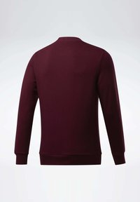 Pull rouge foncé à manches longues, vu de dos, avec un col rond et des poignets et un bas côtelés sur un fond clair uni.