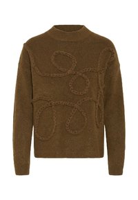 Maglione marrone lavorato a maglia con collo alto, caratterizzato da dettagli a corda testurizzati e ad anello in una tonalità simile. Polsini e orlo a costine.