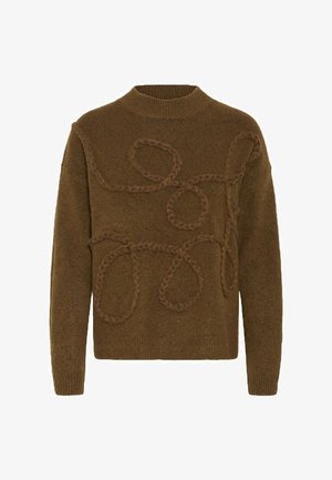 Maglione marrone lavorato a maglia con collo alto, caratterizzato da dettagli a corda testurizzati e ad anello in una tonalità simile. Polsini e orlo a costine.