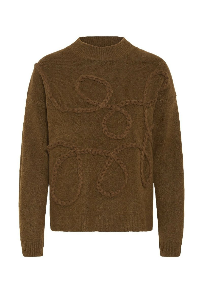 Maglione marrone lavorato a maglia con collo alto, caratterizzato da dettagli a corda testurizzati e ad anello in una tonalità simile. Polsini e orlo a costine.