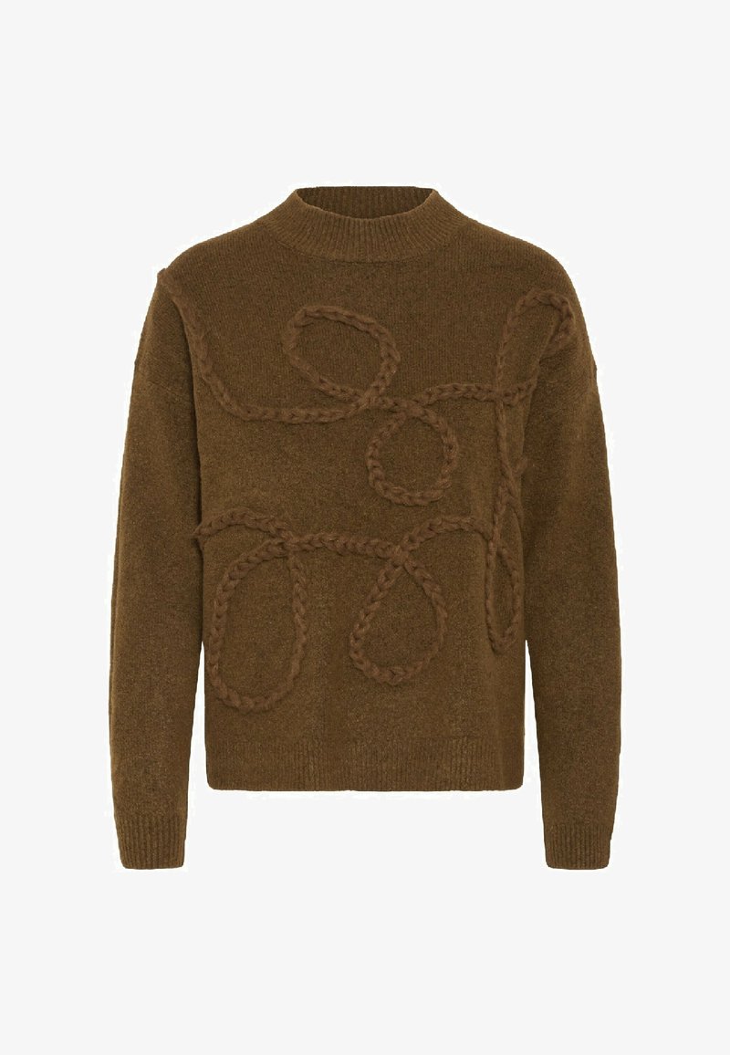 Maglione marrone lavorato a maglia con collo alto, caratterizzato da dettagli a corda testurizzati e ad anello in una tonalità simile. Polsini e orlo a costine.