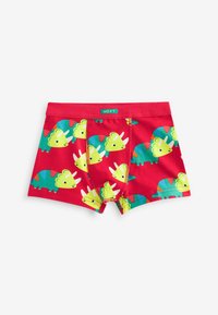 Boxers en coton rouge arborant un motif répété de dinosaures en cartoon verts et jaunes, avec une ceinture contrastante et une poche avant.