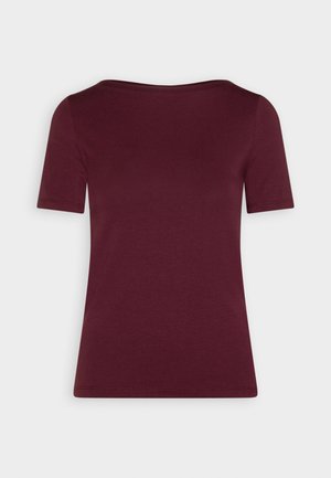 Burgundy short-sleeve top, featuring a wide neckline, soft texture, classic fit, and simple design with no patterns or visible hardware.