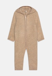 beige fleece heldragt med hætte, lange ærmer og frontlynlås. Blød tekstur, enkelt design uden yderligere mønstre eller detaljer.