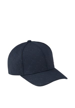 Navy blue baseball cap with embossed floral pattern, soft fabric, curved visor, and rounded crown; features a button on top and side emblem.