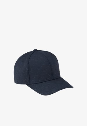 Navy blue baseball cap with embossed floral pattern, soft fabric, curved visor, and rounded crown; features a button on top and side emblem.
