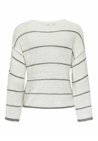 Biały sweter z dzianiny z szarymi poziomymi paskami, luźny krój, długie rękawy i teksturowane wykończenie. Zaokrąglony dół i otwarty dekolt.
