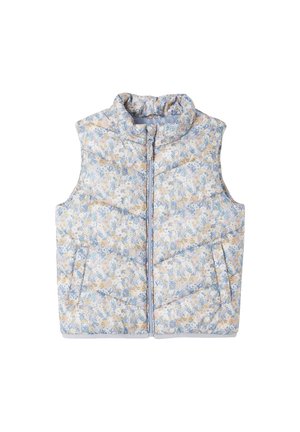 Mouwloos donzen vest met ritssluiting aan de voorkant, hoge kraag, zijzakken en een licht bloemmotief in blauwe, beige en witte tinten.