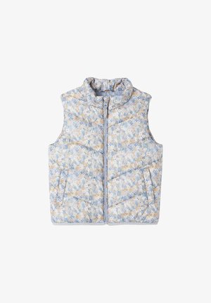 Bezrękawnik puchowy z przednim suwakiem, wysokim kołnierzem, bocznymi kieszeniami i delikatnym kwiatowym wzorem w odcieniach niebieskiego, beżu i bieli.