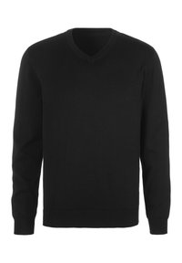 Schwarzer V-Ausschnitt-Pullover aus weichem, gestricktem Material. Verfügt über lange Ärmel, einen gerippten Ausschnitt und Bündchen mit glatter Textur.