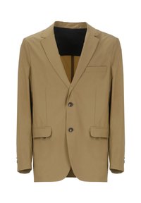 Blazer beige realizzato in tessuto morbido, con rever a punta, due tasche frontali e tre bottoni, oltre a una tasca sul petto.