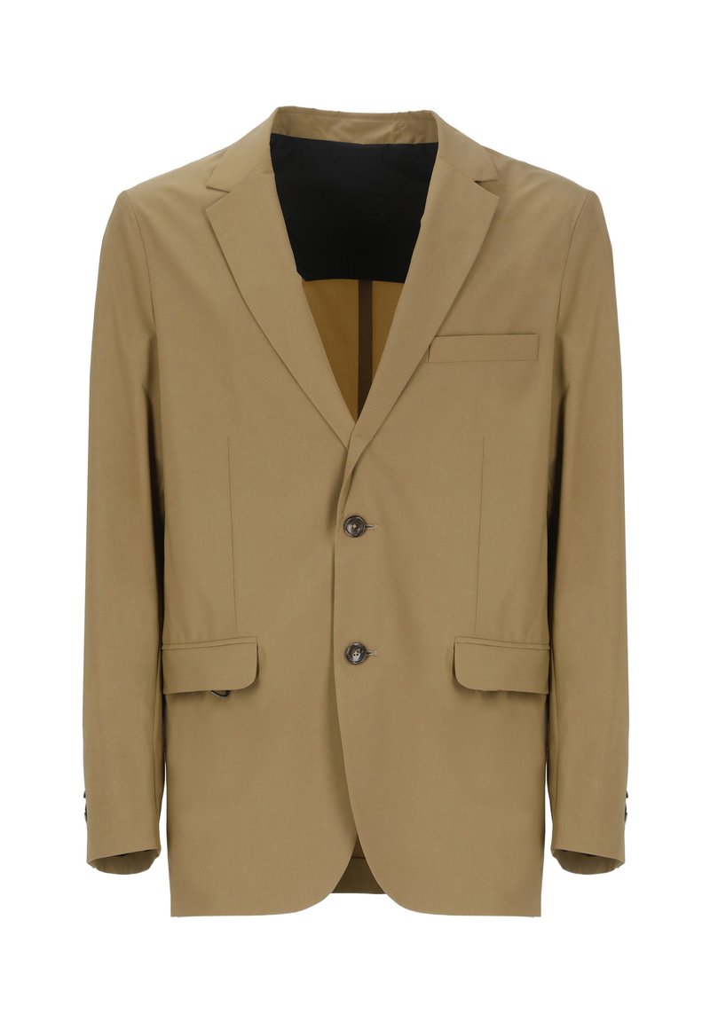 Blazer beige realizzato in tessuto morbido, con rever a punta, due tasche frontali e tre bottoni, oltre a una tasca sul petto.