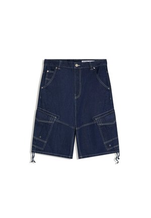 Tmavomodré denimové cargo šortky s prednými vreckami, zapínaním na gombík a zips, bočnými vreckami s preklopom a nastaviteľnými sťahovacími šnúrkami na lemoch.