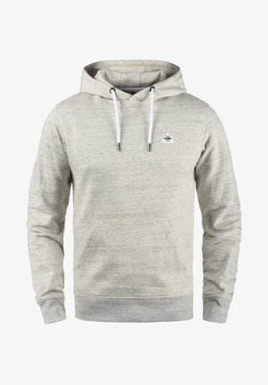 Light gray hoodie made of soft fabric, featuring a front pocket, adjustable drawstring hood, and a small triangular logo on the chest.