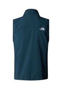 Marineblå ærmeløs vest lavet af letvægtsmateriale, med høj krave og The North Face-logoet broderet bagpå.