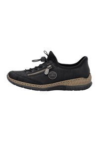 Chaussure en cuir noir avec une tige texturée, dotée d'une fermeture éclair sur le côté, d'un lace-up à l'avant et d'un biais tressé marron le long de la semelle.