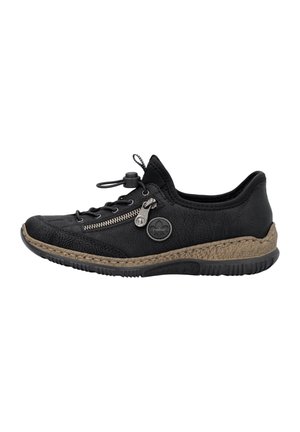 Chaussure en cuir noir avec une tige texturée, dotée d'une fermeture éclair sur le côté, d'un lace-up à l'avant et d'un biais tressé marron le long de la semelle.