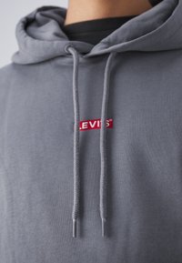Felpa grigia realizzata in tessuto morbido, con un logo "LEVIS" ricamato in rosso sul petto e cordini grigi con terminali in argento.