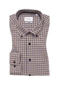 Camicia a quadri in cotone marrone, nero e bianco. Presenta un colletto classico, chiusura con bottoni e una tasca singola sul maniche sinistro.