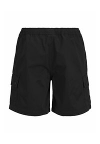 Pantaloni scurți cargo negri, cu talie elastică, buzunare laterale și un material neted, ușor. Design simplu, fără modele sau embellishments.