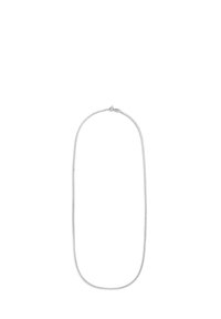 Silberne Kettenhalskette mit einem glatten, abgerundeten Design und einem Karabinerhaken. Die Kette weist aufwendige Gliederungsmuster auf, die eine elegante Textur bieten.